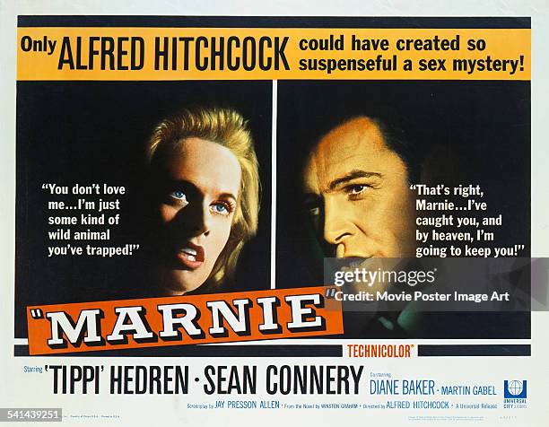 Poster for the US release of Alfred Hitchcock's 1964 psychological thriller, 'Marnie', starring Tippi Hedren and Sean Connery.