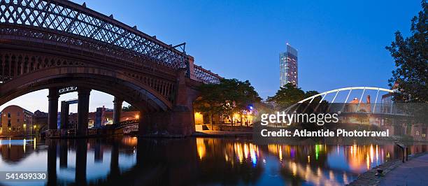 merchants bridge and an old railroad trestle in castlefield - manchester england stock pictures, royalty-free photos & images