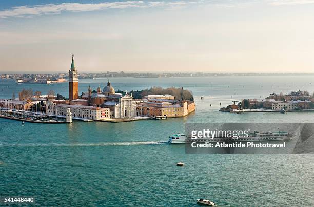san giorgio maggiore island and church of san giorgio maggiore from san marco bell-tower - venetian lagoon stock pictures, royalty-free photos & images