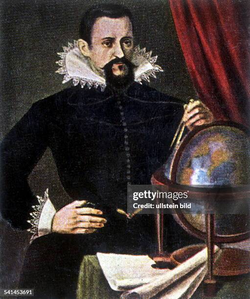 Astronom, Mathematiker, Dmit Zirkel vor einem Globus- Miniatur nach einem zeitgen. Gemälde