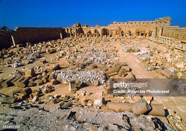 severus forum at leptis magna archaeological site - ruins of leptis magna stock pictures, royalty-free photos & images