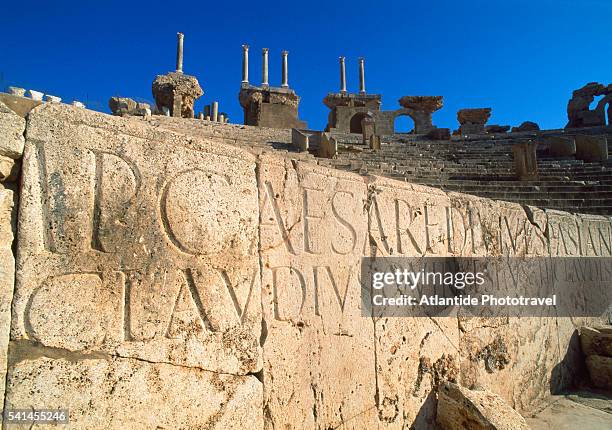 leptis magna archaeological site theatre ruins - theater of leptis magna stock pictures, royalty-free photos & images