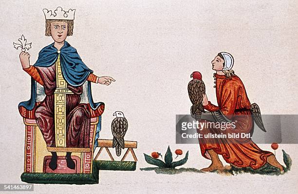 Middle Ages Miniatures Friederick II *1194-1250+ German King 1196/97 and from 1212 Holy Roman Emperor from 1220 Frederick II with his falconer -...