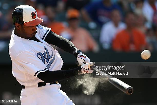 Adam Jones of the Baltimore Orioles hits a pop out for the first out of the eighth inning against the Toronto Blue Jays at Oriole Park at Camden...
