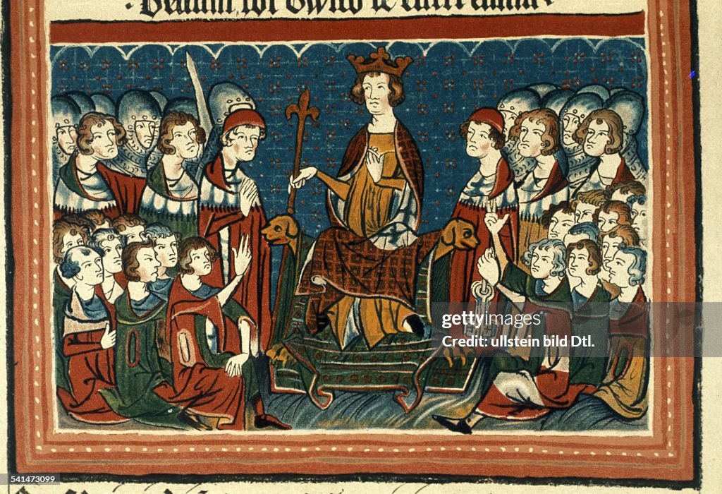 Middle Ages Illuminations Heinrich VII 1274 - 1313 German King and Holy Roman Emperor 1308 - 1313 Henry VII sitting in judgement, surrounded by prince electors and vassals - illumination from the Codex Balduineus - 14th century
