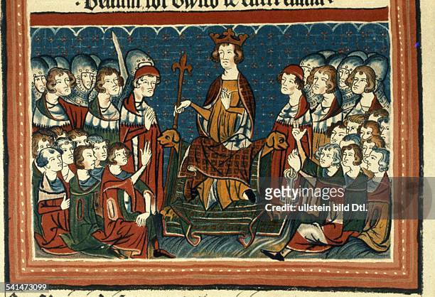 Middle Ages Illuminations Heinrich VII 1274 - 1313 German King and Holy Roman Emperor 1308 - 1313 Henry VII sitting in judgement, surrounded by...