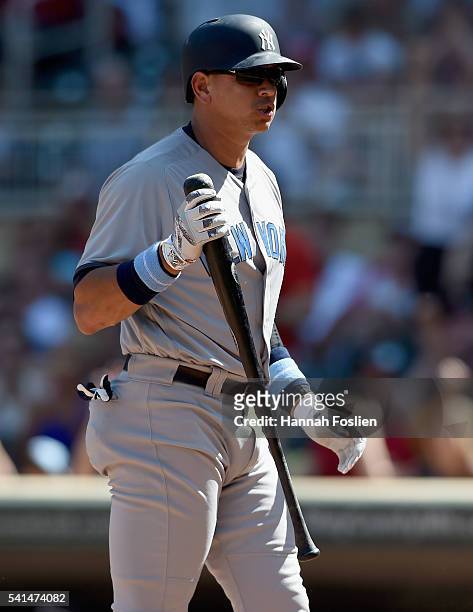 Alex Rodriguez of the New York Yankees reacts to striking out against the Minnesota Twins during the eighth inning of the game on June 19, 2016 at...