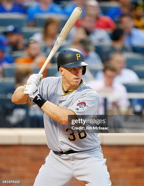 Erik Kratz of the Pittsburgh Pirates in action against the New York Mets at Citi Field on June 16, 2016 in the Flushing neighborhood of the Queens...