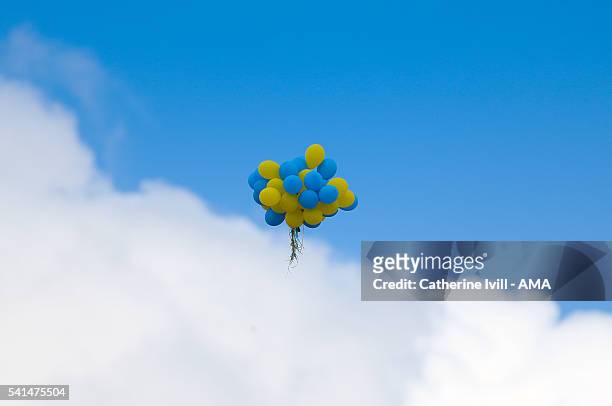 Sweden fans release a bunch of Yellow and Blue balloons during the UEFA EURO 2016 Group E match between Italy and Sweden at Stadium Municipal on June...