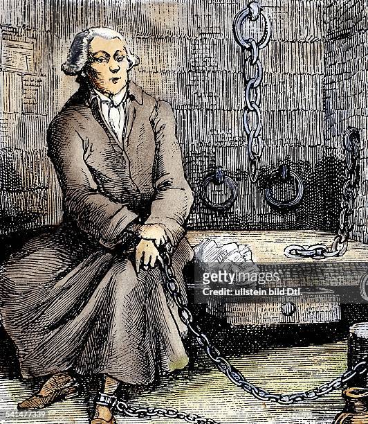 Donatien Alphonse Francois Marquis de Sade *02.06.1740-02.12.1814+Schriftsteller, Frankreich- im Gefängnis, an Ketten- undatiert