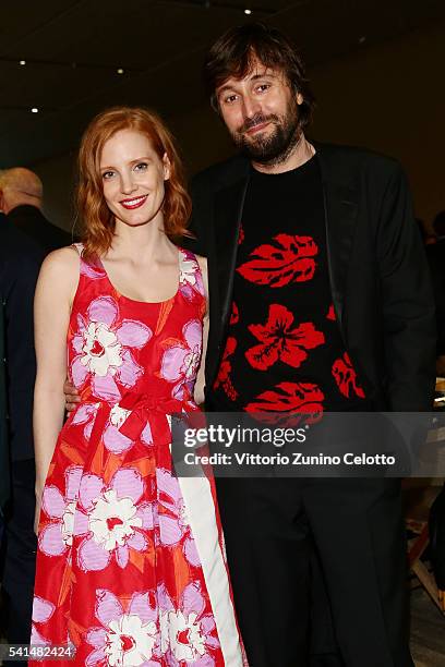 Francesco Vezzoli and Jessica Chastain attend private dinner hosted by Miuccia Prada and Patrizio Bertelli during Milan Men's Fashion Week SS17 at...