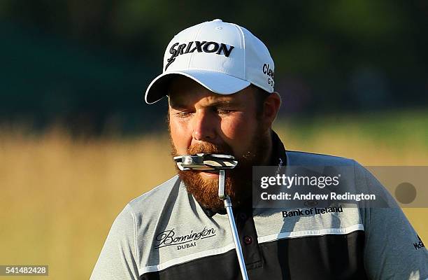 Shane Lowry of Ireland reacts to a missed putt on the 14th green during the final round of the U.S. Open at Oakmont Country Club on June 19, 2016 in...