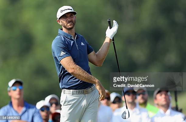 Dustin Johnson of the United States reacts to a shot during the final round of the U.S. Open at Oakmont Country Club on June 19, 2016 in Oakmont,...