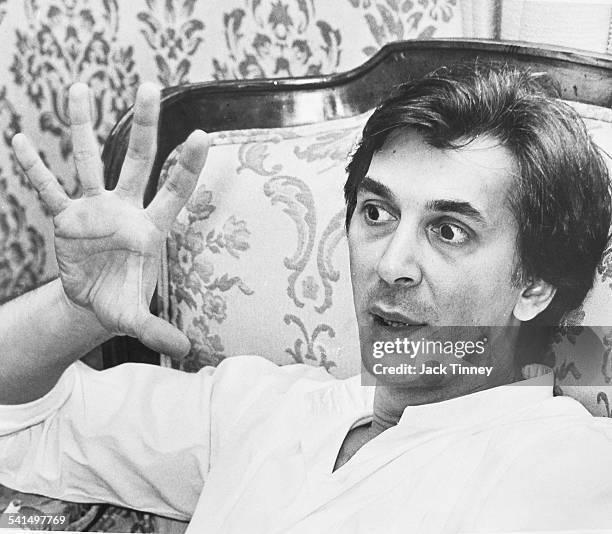 Close-up of American film and theatre actor Frank Langella as he gestures during an interview, Philadelphia, Pennsylvania, 1979.