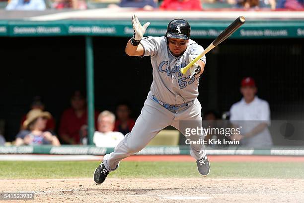 Melky Cabrera of the Chicago White Sox jumps out of the way of inside pitch during the eight inning of the game against the Chicago White Sox at...