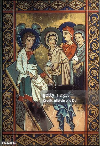 Middle Ages Panel paintings Resurrection of Jesus Christ: an angel is announcing to Mary Magdalene and the other women at the empty tomb the...