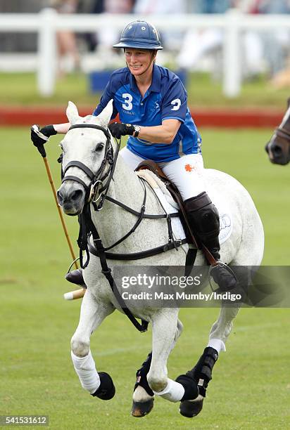 Zara Phillips plays in a Jockeys vs Olympians charity polo match at the Beaufort Polo Club on June 19, 2016 in Tetbury, England.