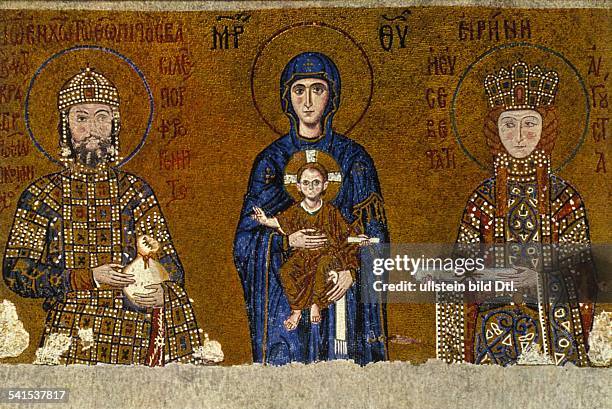 Middle Ages Christian art Mary with the child Jesus| left: John II Komnenos , Emperor of Byzantium right: Irene Empress of Byzantium Empress ....