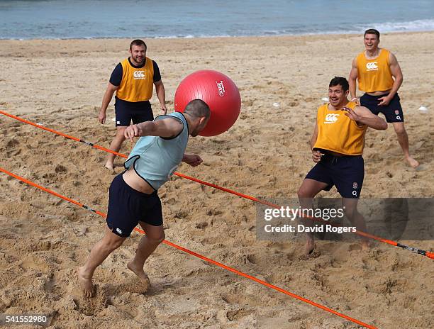 Mike Brown, the England fullback heads a swiss ball during the England recovery session held at Coogee Beach on June 20, 2016 in Sydney, Australia.