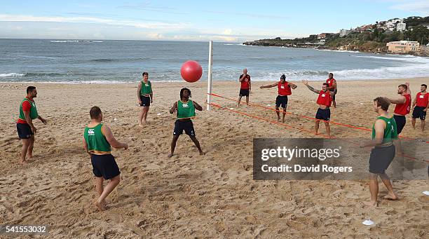 Marland Yarde heads a swiss ball during the England recovery session held at Coogee Beach on June 20, 2016 in Sydney, Australia.