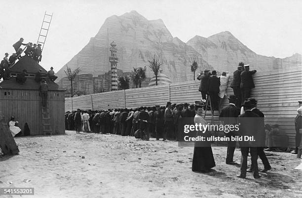 German Empire Kingdom Prussia - Brandenburg Provinz - Berlin: German Army, Navy and Colonial exhibition in Friedenau, viewers in front of the fence -...