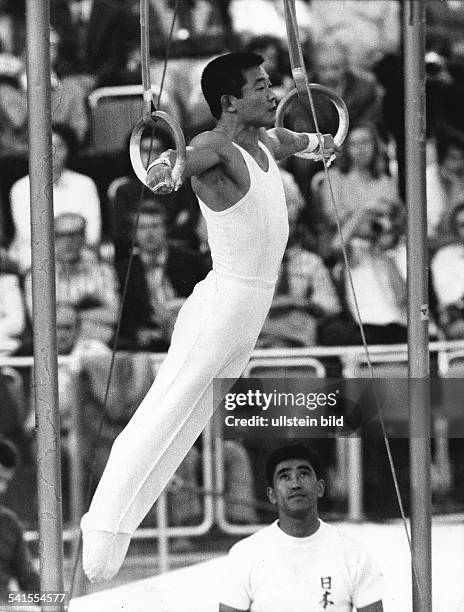 Akinori Nakayama, gymnast and Olympic gold medalist, Japanon rings at the Summer Olympic Games in Munich