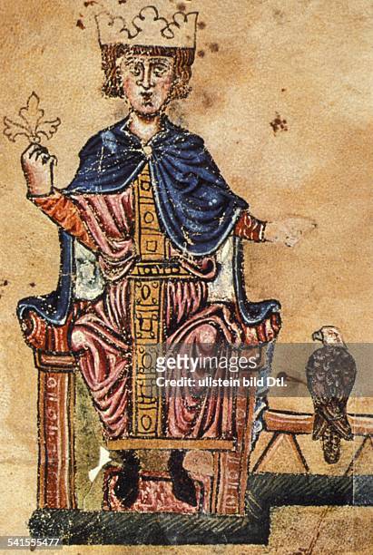 Middle Ages Miniatures Frederick II *1194-1250+ German King 1196/97 and from 1212 Holy Roman Emperor from 1220 - miniature from the dedication...