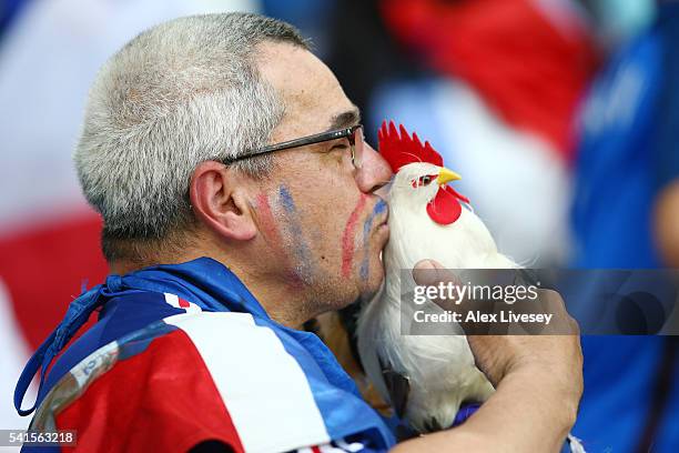 France fan kisses a Cockerel during the UEFA EURO 2016 Group A match between France and Albania at Stade Velodrome on June 15, 2016 in Marseille,...