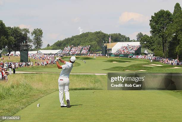 Andrew Landry of the United States plays his shot from the second tee during the final round of the U.S. Open at Oakmont Country Club on June 19,...