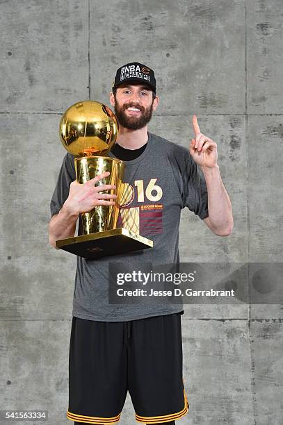 Kevin Love of the Cleveland Cavaliers poses for a portrait after winning the NBA Championship against the Golden State Warriors during the 2016 NBA...