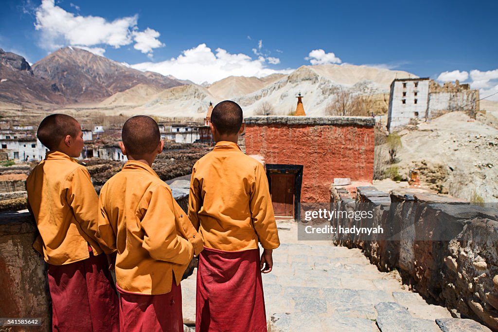Three little Novice monks in Tibetan monastery, Upper Mustang