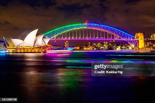 vivid sydney 2016 - sydney harbour bridge night stock pictures, royalty-free photos & images