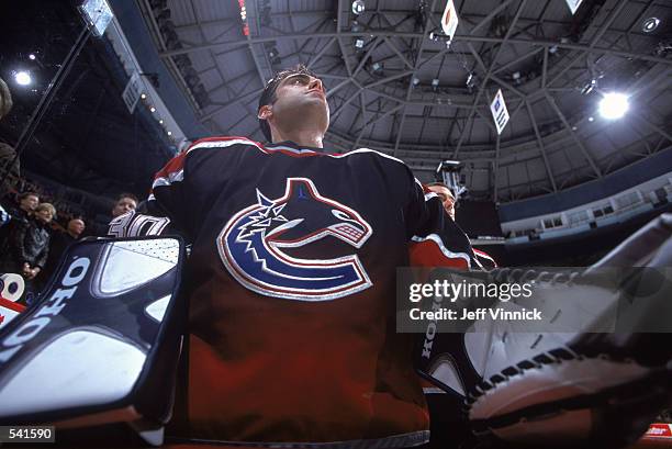 Portrait of goaltender Martin Brochu of the Vancouver Canucks during the NHL game against the Colorado Avalanche at General Motors Place in...