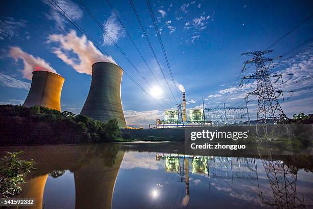 coal power plant at river - ship fumes stock pictures, royalty-free photos & images