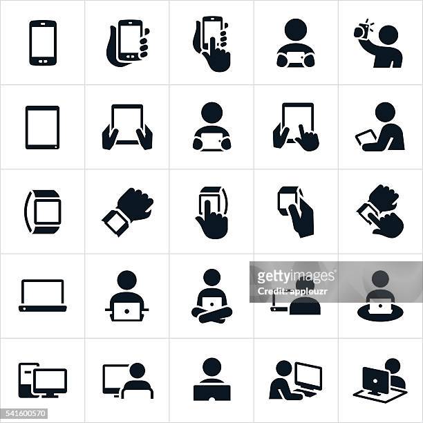 ilustrações de stock, clip art, desenhos animados e ícones de os dispositivos móveis e os computadores ícones - holding phone