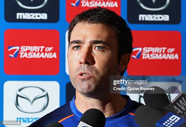 North Melbourne Kangaroos AFL coach Brad Scott talks to the media at Arden Street Ground on June 20, 2016 in Melbourne, Australia.