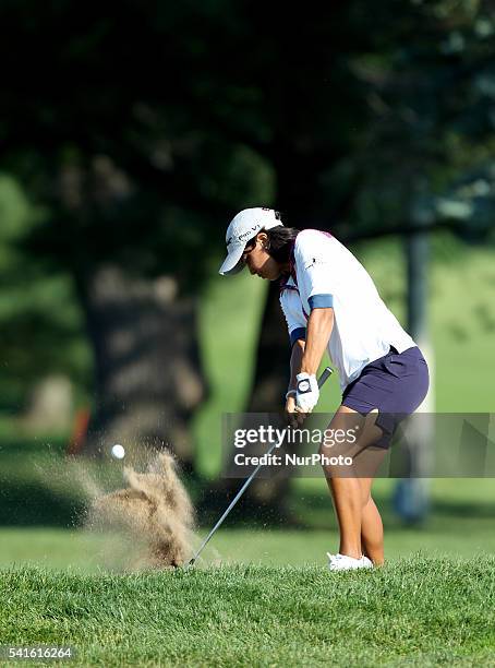 Julieta Granada of Paraguay blasts out of the sand trap on the eighth hole during the final round of the Meijer LPGA Classic golf tournament at...