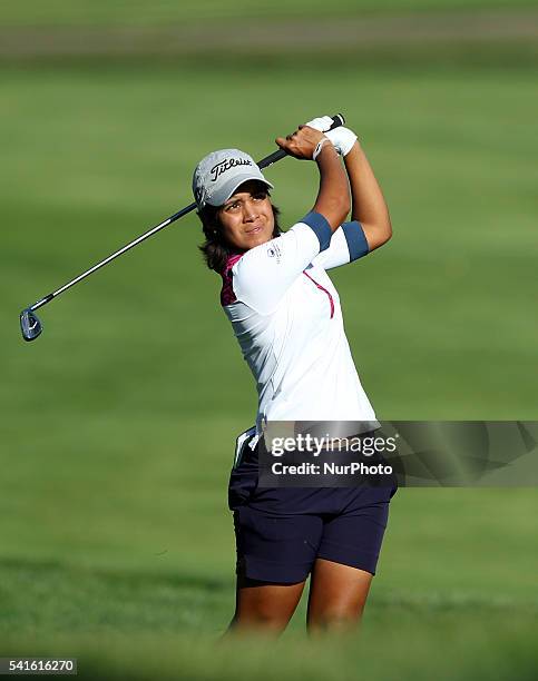 Julieta Granada of Paraguay follows her fairway shot from the rough of the eighth hole during the final round of the Meijer LPGA Classic golf...