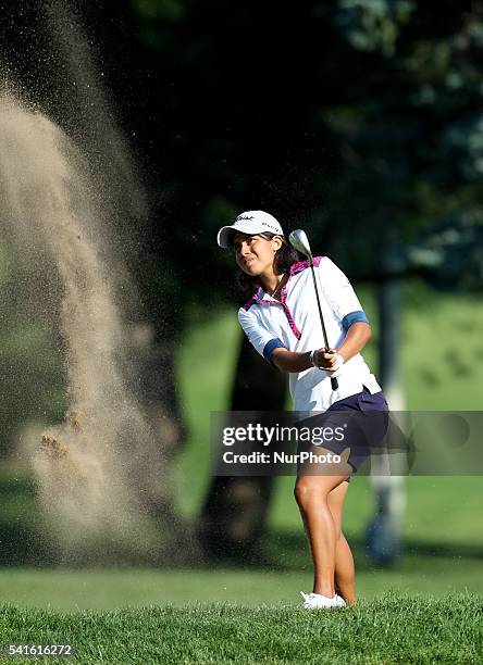 Julieta Granada of Paraguay blasts out of the sand trap on the eighth hole during the final round of the Meijer LPGA Classic golf tournament at...