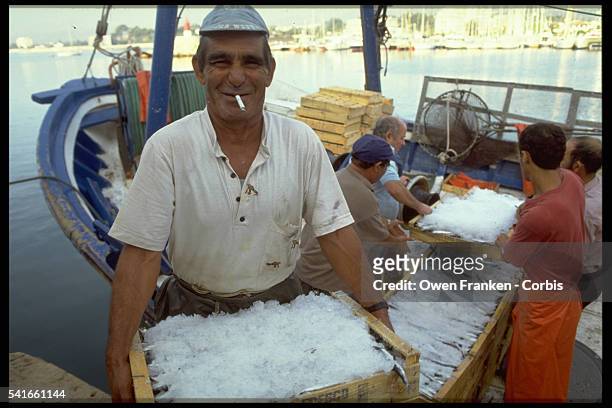 Fisherman unloads crates of fish packed in ice, Denia, Spain.