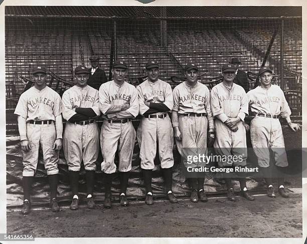 The strong pitching staff of the Yankees- left to right, Henry Johnson, Waite Hoyt, Tom Zachary, George Pipgras, Rosy Ryan, Heimach, and Myles Thomas.