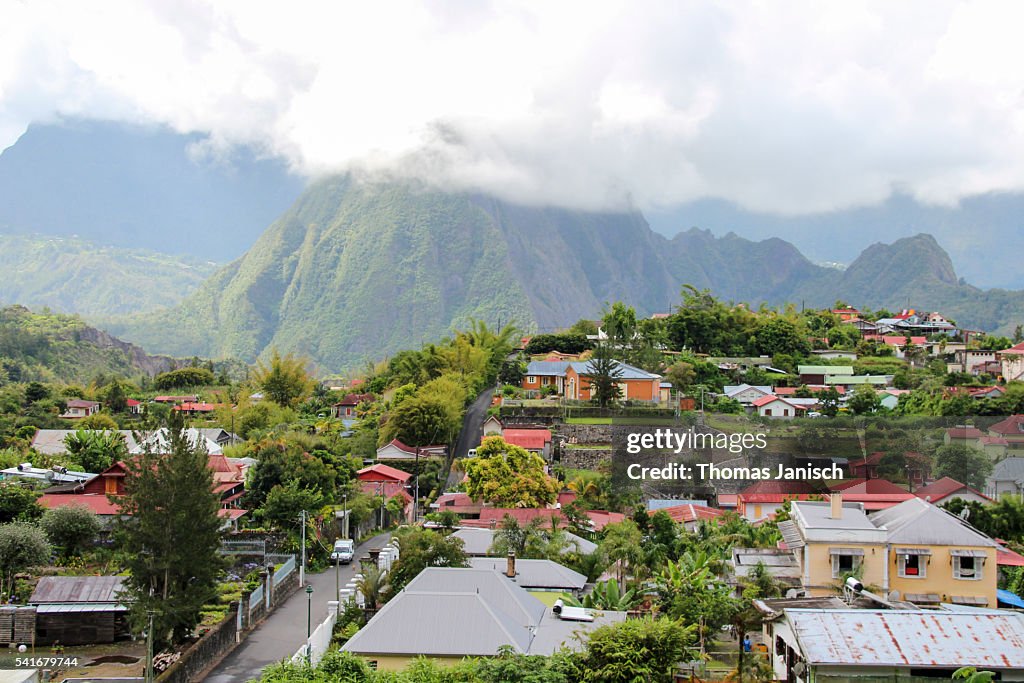 Overlooking Hell-Bourg and view on Piton d'Anchaing in the middle of Cirque de Salazie