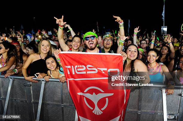 Fans react to Tiesto's performance during the 20th annual Electric Daisy Carnival at Las Vegas Motor Speedway on June 19, 2016 in Las Vegas, Nevada.