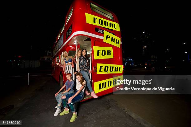 Girlband M.O members Nadine Samuels, Frankee Connolly and Annie Ashcroft with dancers Larsen Thompson and Taylor Hatala on the set of a video shoot...