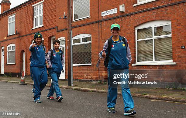 Sania Khan, Anam Amin and Nahida Khan of Pakistan Women arrive ahead of the 1st Royal London ODI match between England Women and Pakistan Women at...