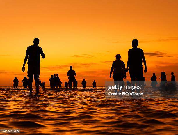 silhouettes at sunset in iemanja celebration, 2015 - montevideo uruguay stock pictures, royalty-free photos & images