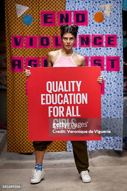 Actress Jacqueline Fernandez on the set of a video shoot directed by MJ Delaney, inspired by the Spice Girls video for Wannabe, for Global Girls, on...
