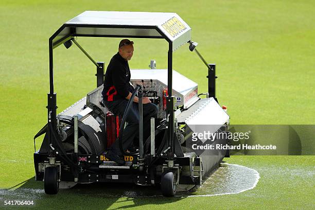 The blotter dries the outfield ahead of a pitch inspection before the 1st Women's Royal London ODI match between England and Pakistan at Grace Road...