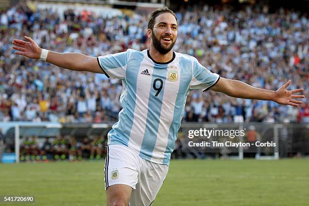 Gonzalo Higuain of Argentina celebrates his second goal during the Argentina Vs Venezuela Quarterfinal match of the Copa America Centenario USA 2016...