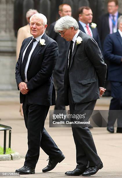 Former Liberal Democrat party leader Paddy Ashdown and Andrew Mitchell arrive for a remembrance service for Jo Cox at St Margaret's church on June...
